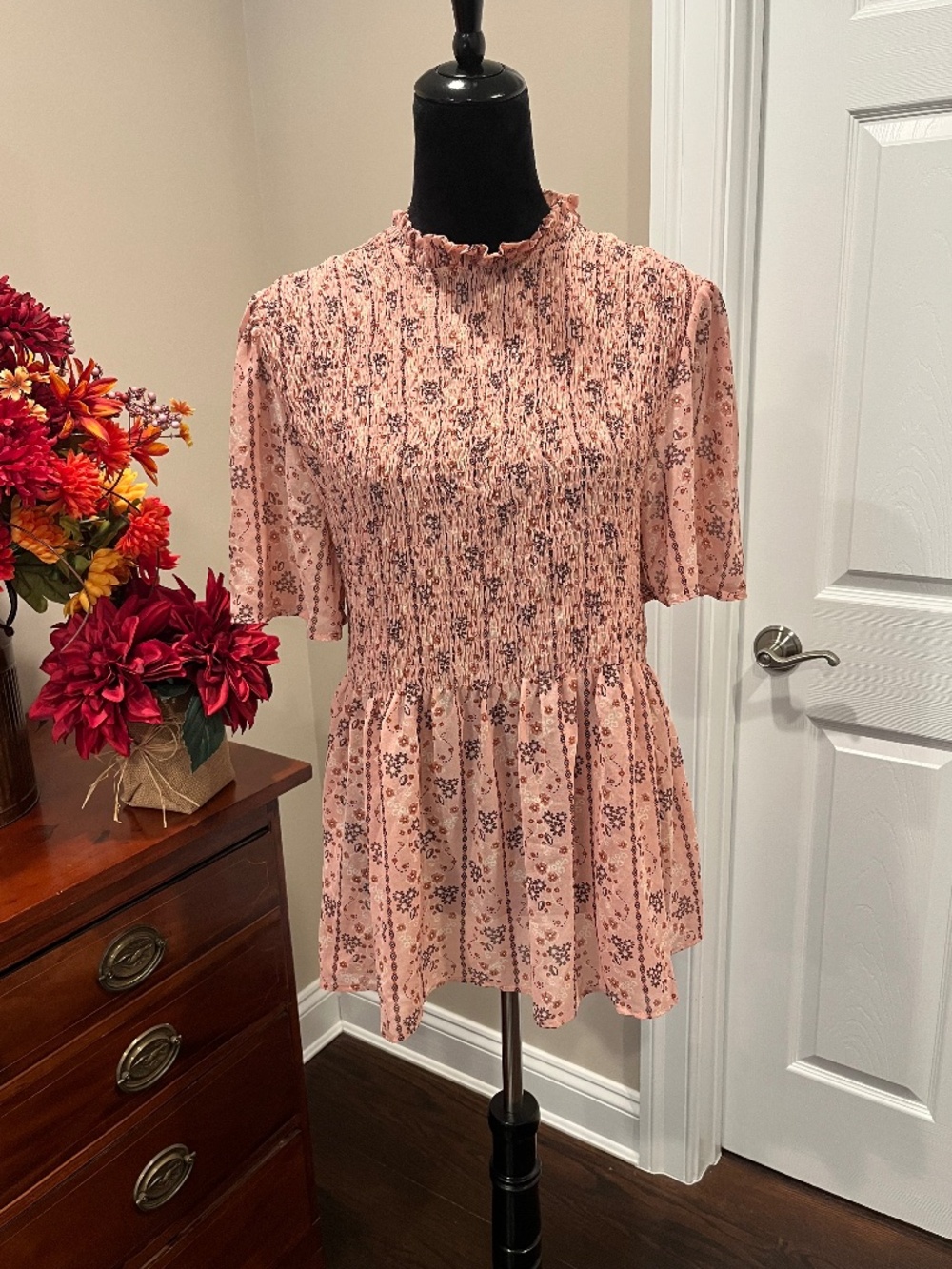 Lipslide Shirred Bodice High Collar Mauve Boho Peasant Top XL